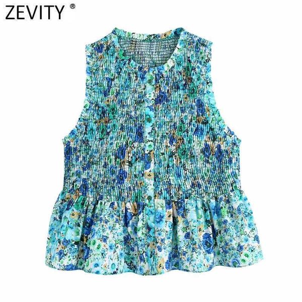 

zevity women sweet floral print elastic slim short smock blouse female sleeveless vest shirts chic hem ruffles crop ls9269 210603, White