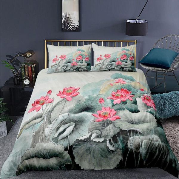 

bedding sets luxury 3d lotus print 2/3pcs kid set comfortable flower duvet cover pillowcase home textile  and king au/eu/us size