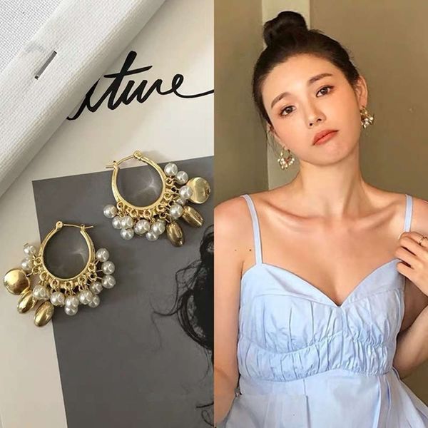 

hbp fashion anna mali net red same baroque pearl circle tassel earrings, Silver