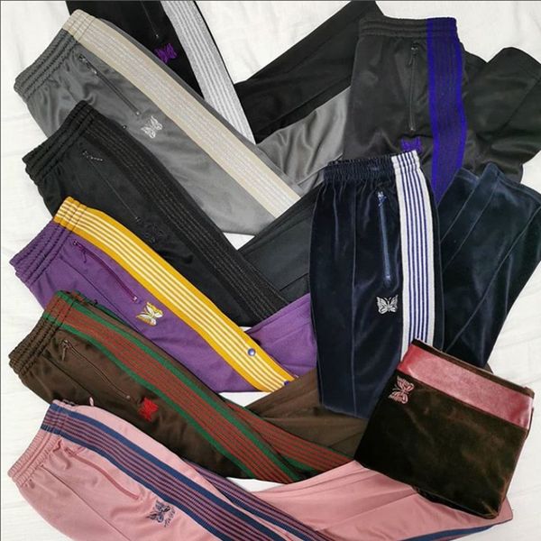 

2021 new poly smooth track sweatpants men women needles straight red butterfly embroidery awge pants 325f, Black