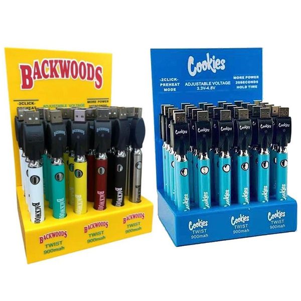 

cookies backwoods twist battery display of 30pcs bottom spinner vv battery 900mah with usb charger for 510 cartridges vape carts batteries