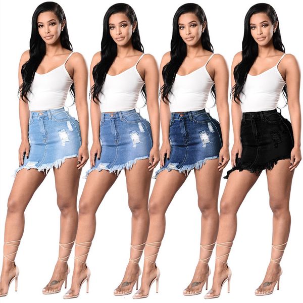 

2021 new wholesale dropshpping summer women's denim casual solid color hole asymmetric short street high waist ladies skirt qqgg, Black