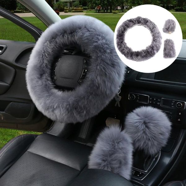 

steering wheel covers 3pcs universal cover fluffy handbrake gear (grey)