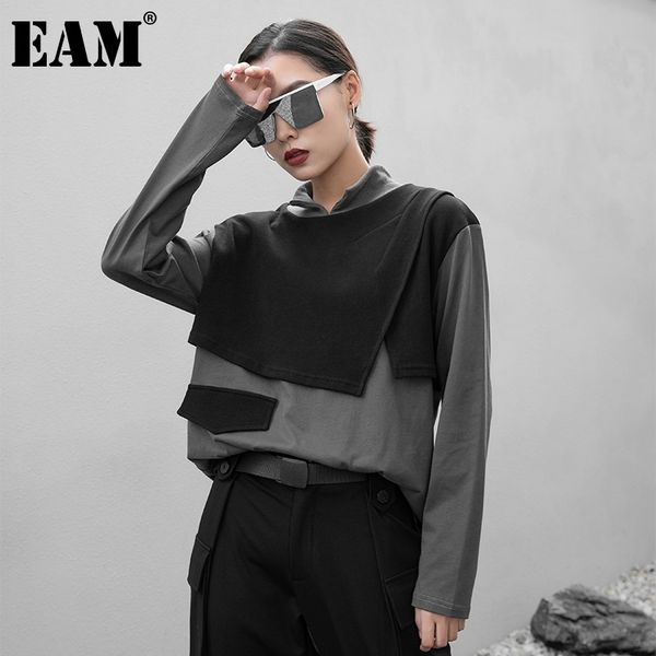 

[eam] women gray contrast color big size irregular t-shirt new turtleneck long sleeve fashion tide spring autumn 2021 1db350 210306, White