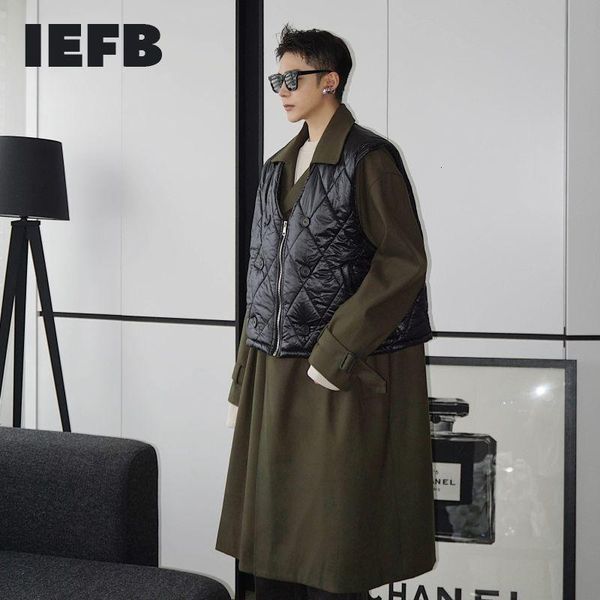 

iefb winter new army green long coat with black cotton vest two piece set korean fashion man loose woolen coat japanese 9y5094