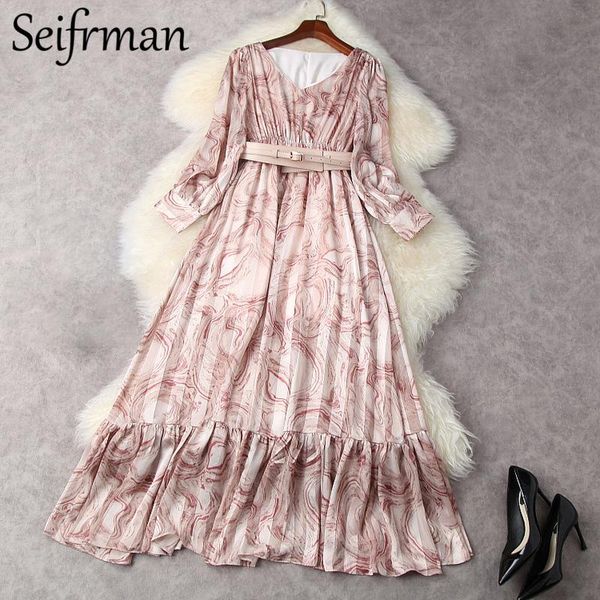 

casual dresses seifrmann 2021 summer women fashion runwayÂ party maxi dress lantern sleeve sashes high waist printed ladies chiffon, Black;gray