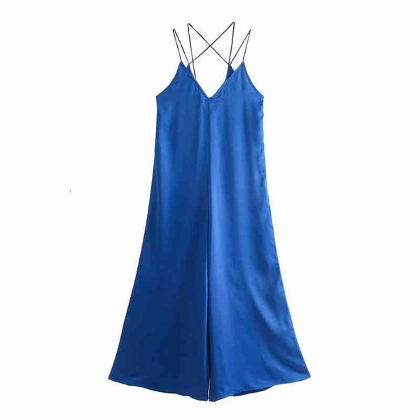 

solid satin loose jumpsuits for women casual sleeveless strap wide leg pants summer elegant one-piece trousers blue, White