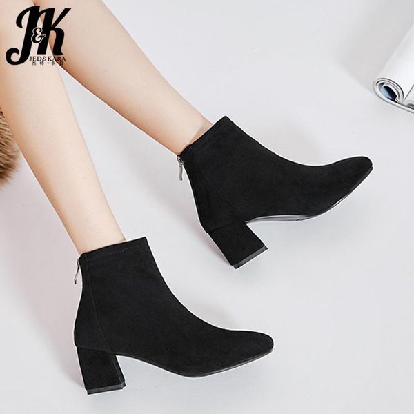 

boots jk high heels ankle women stretch flock booties ladies zip shoes female square toe winter 2021, Black