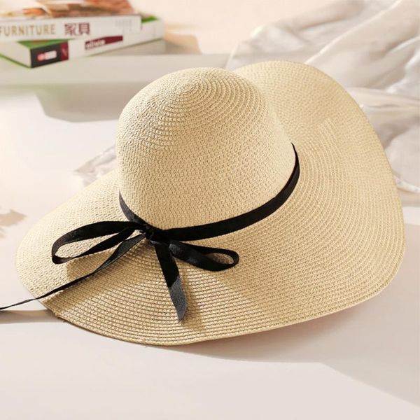 

wide brim hats summer foldable cap girl holiday floppy women sun beach bowknot fashion straw ladies windproof, Blue;gray
