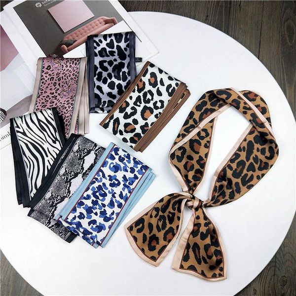

scarves aomu 2021 autumn european and american leopard print small silk scarf female tied bag handle ribbon head 23colors, Blue;gray