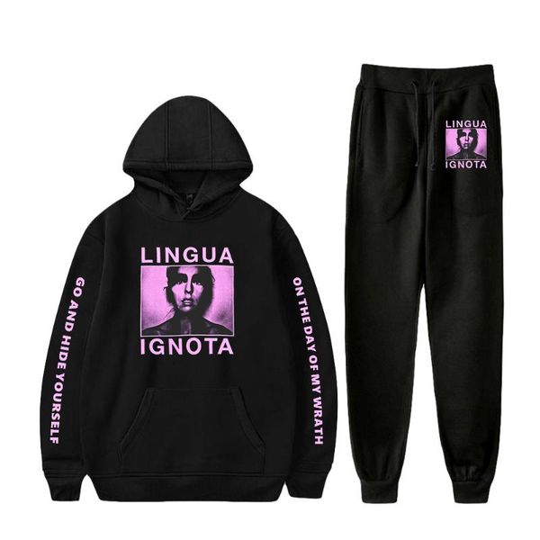 

men's hoodies & sweatshirts lingua ignota sweatshirt two piece set hoodie+jogger pant harajuku streetwear 2021 american singer clothe, Black