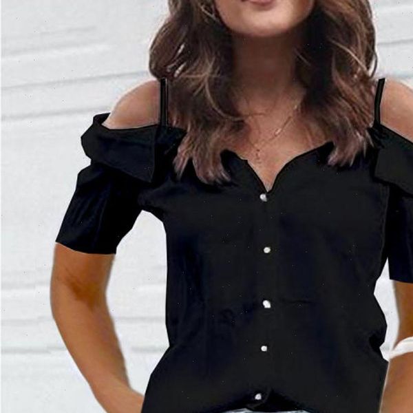 

blouse 2021 women summer solid cold shoulder short sleeve shirt womens tunic and blouses mujer elegant button blouse, White