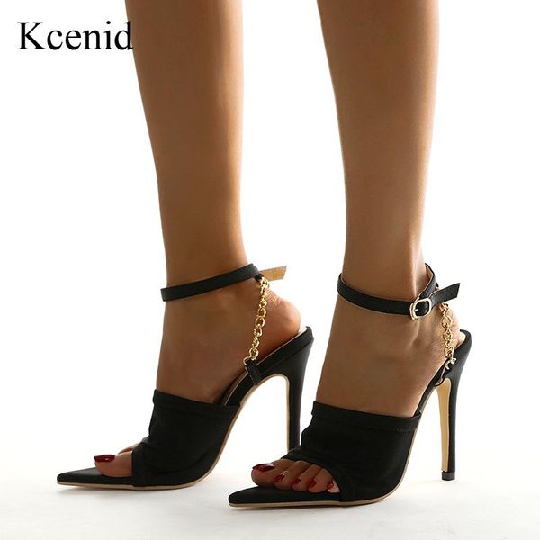 

sandals kcenid summer women 2021 pointed toe high heels ankle strap dress party shoes woman chain design stretch fabric, Black