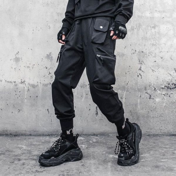

men's pants aogz streetwear harajuku multi-pocket cargo men techwear joggers casual trousers elastic waist loose sweatpants dark black