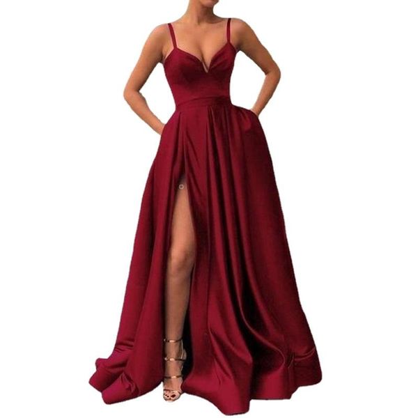 

casual dresses v neck split leg long prom satin maxi dress backlless ruched floor length sleeveless party, Black;gray