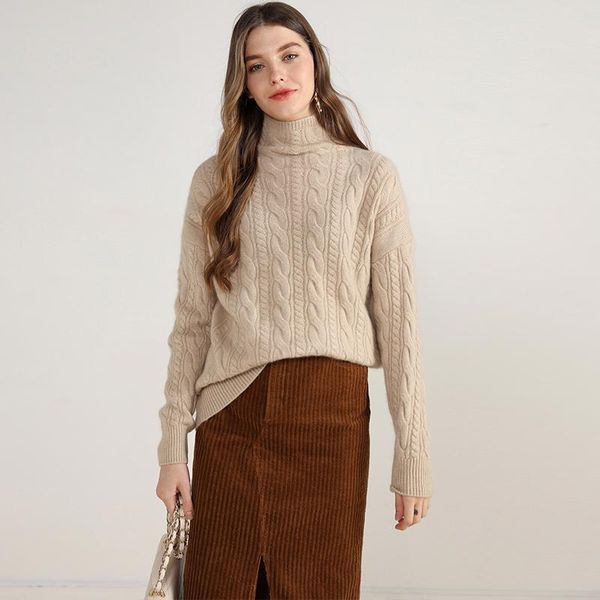 

turtleneck cable knitted winter thick pullovers long sleeve warm female fashion stylish jumper women 100% cashmere sweater, White;black