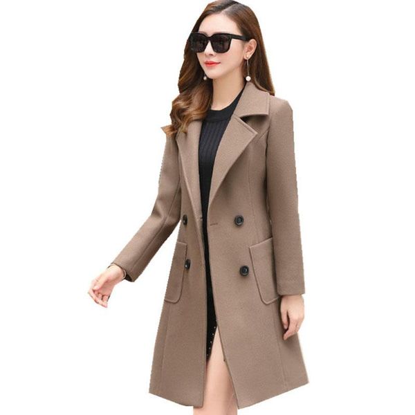 

woolen women jacket coat long slim blend outerwear 2021 new autumn winter wear overcoat female ladies wool coats clothes ok590, Black