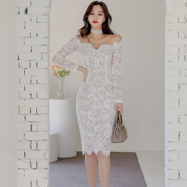 

korean style of ladies slash neck in lacy hip bag sleeve dress t7589 11oj, Black;gray
