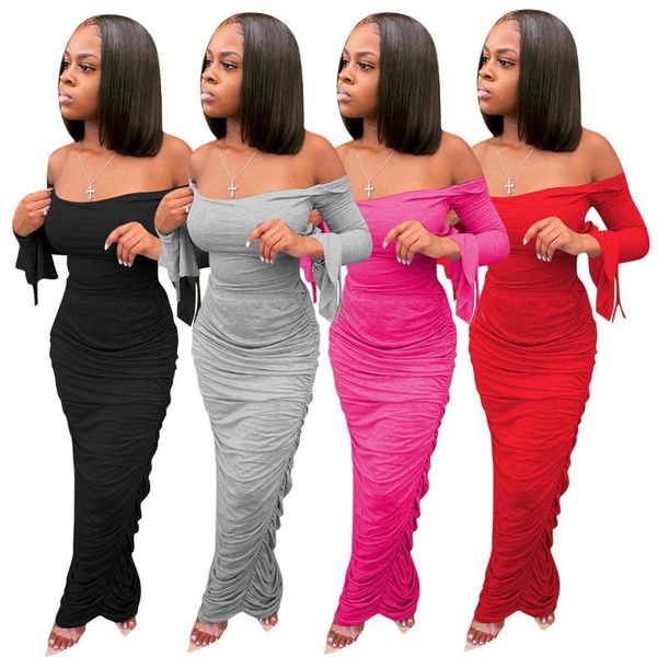 

casual dresses women ruched off the shoulder long party dress arrival split flare sleeve bodycon autumn stacked bandage vestidos, Black;gray