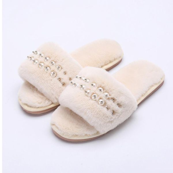 

slippers 2021 women home winter warm indoor/floor shoes pearl decorated plush house slipper fur comfortable slip on, Black