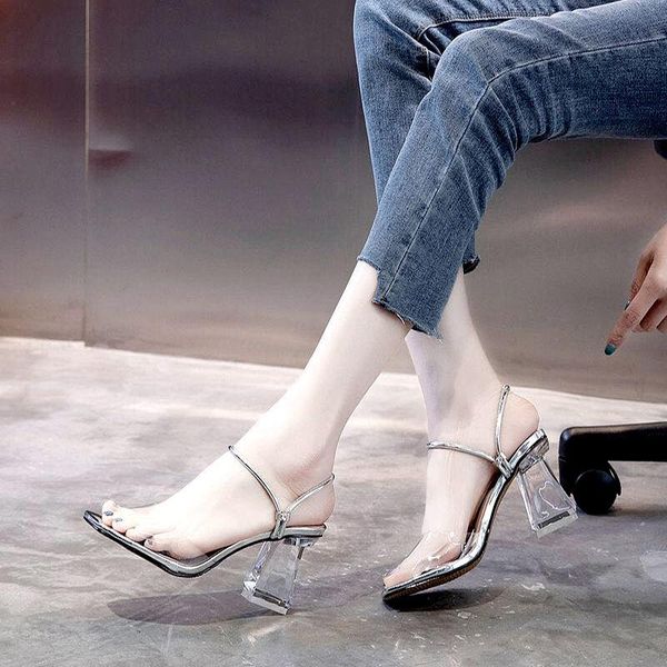 

2021 summer new fashion crystal heel sandals women outer wear thick with transparent two-wear n women's sandals plus size, Black