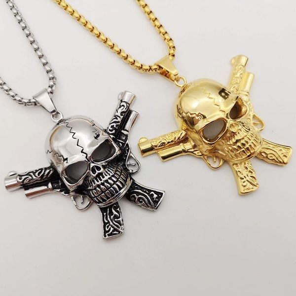 

pendant necklaces hip hop rock punk double gun cross skull necklace stainless steel gothetic jewelry fashion, Silver