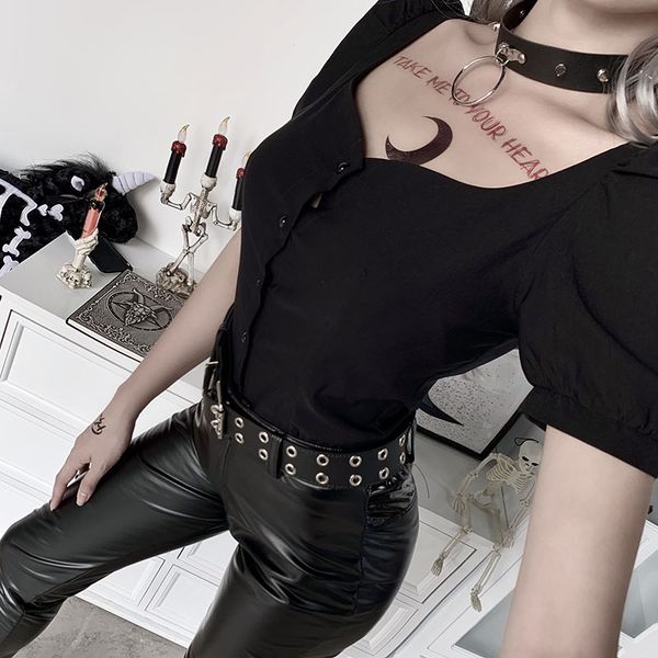 

vintage single-breasted slim t-shirt gothic women puff sleeve solid color splice female summer elegant party, White