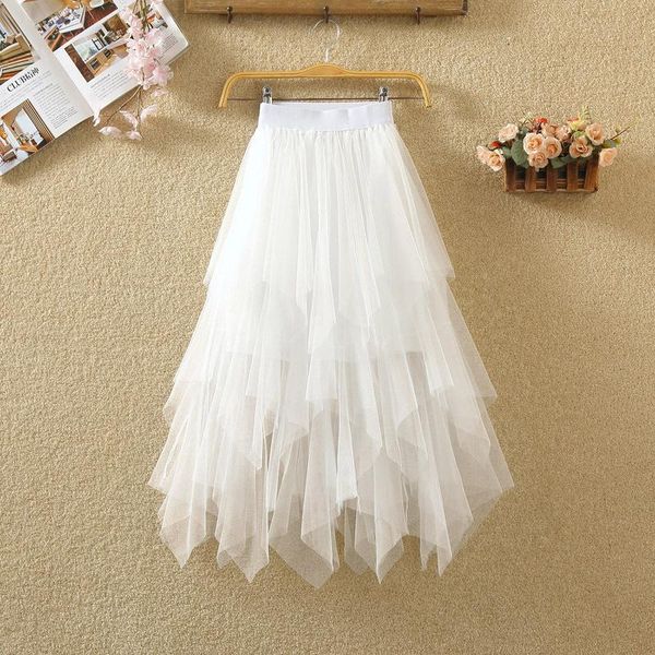 

skirts women irregular tulle fashion elastic high waist mesh tutu skirt pleated long midi saias faldas jupe femmle, Black