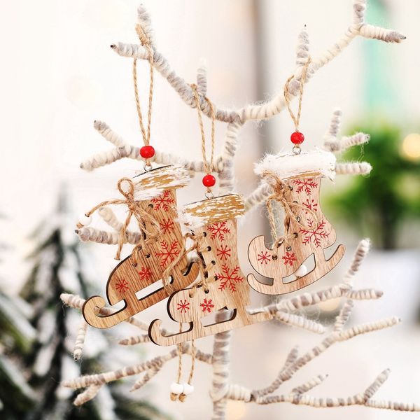 

christmas decorations wooden color painting printing skates boots hemp rope pendant