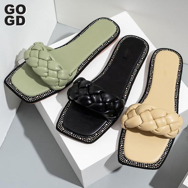 

[gogd]2021 summer new women slipper peep toe thin high heel sandal shoes ladies pu leather mules flat slides, Black