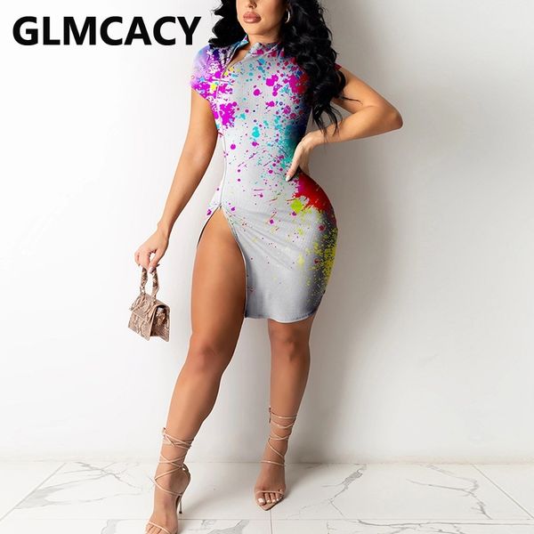 

women short sleeve printed slit bodycon mini dress 210702, Black;gray