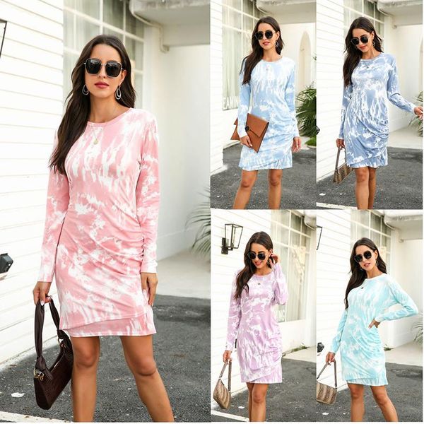 

autumn women new street style long sleeve printed splicing fashion selling tie-dye middle-waisted round neck a-line dresses, Black;gray