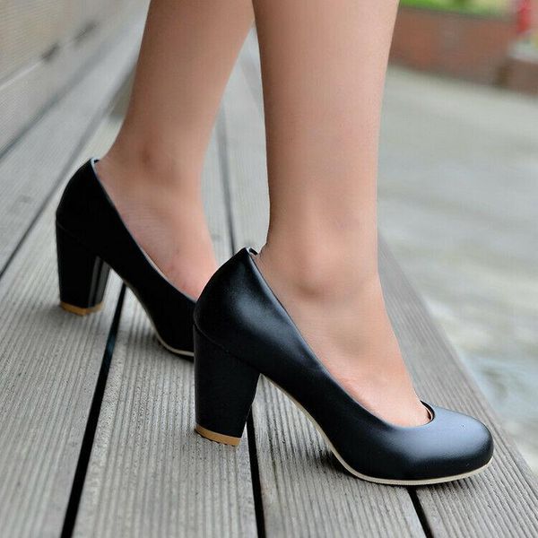 

dress shoes pure color chunky 7.5cm heel lady office large size slip on pumps party sz, Black