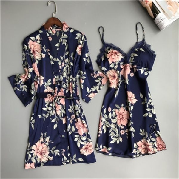 

two piece women's pajamas silk dress and robe gown set floral bathrobe lingerie femme nightdress kimono sleepwear home suit 210203, Black;red