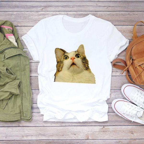 

women cat 90s cute printed short sleeve fashion clothing summer shirt t-shirts t graphic female ladies womens tee t-shirt, White