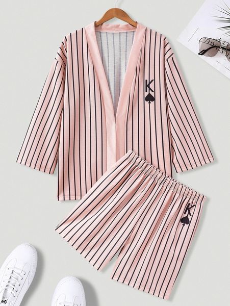 

men random striped and playing card print drop shoulder shirt & shorts a4fu#, Gray