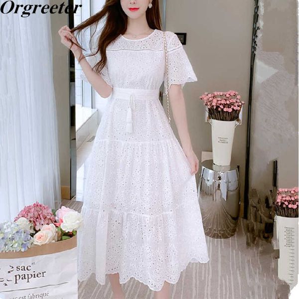 

retro o-neck short sleeve white dress for women elegant long summer hollow out lace-up embroidery cotton 210525, Black;gray