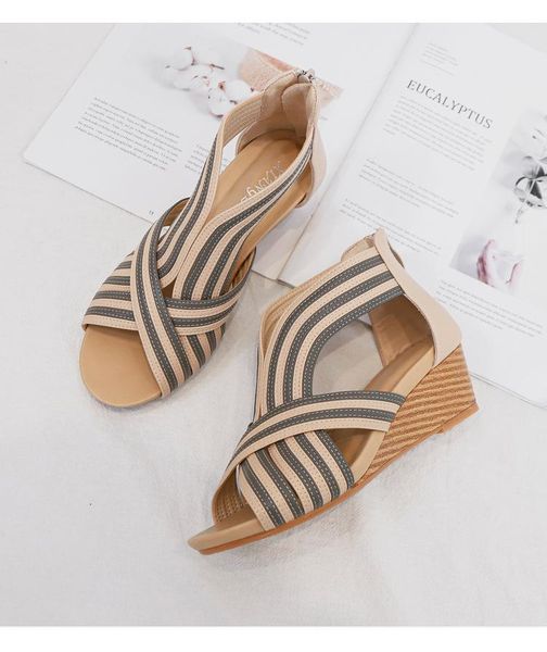 

slope heel sandals women summer new fashion casual zipper roman shoes, Black