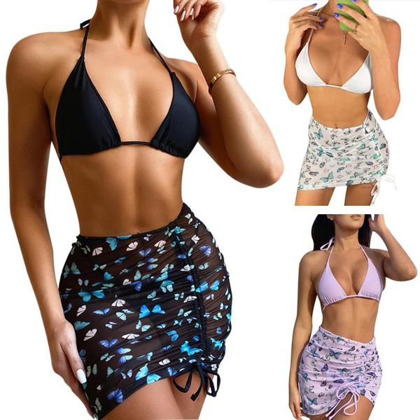 

women's swimwear 3 piece set women triangle bikini swimsuit sling rope tie bath bottoming thong skirt bathing suit, White;black