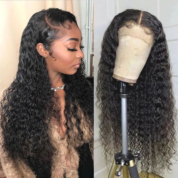 

deep wave hd lace front human hair wigs pre plucked 360 brazilian remy hair water curly wigs for black women, Black;brown