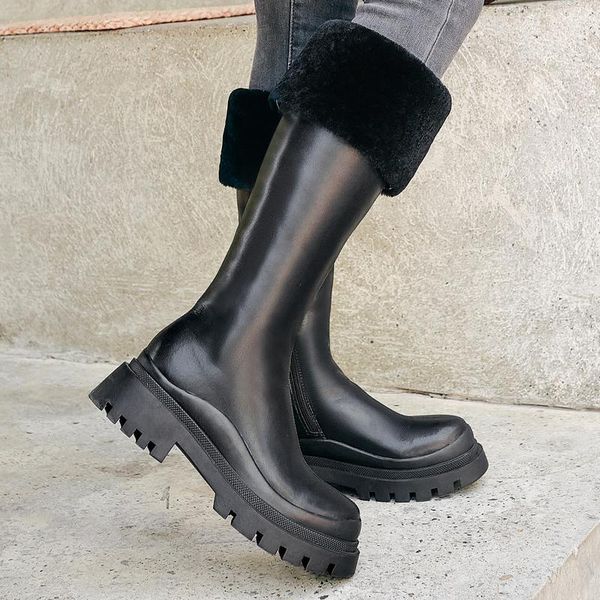

boots 2021 winter snow girls round toe genuine leather women's shoes short plush mid tude vintage black botas feminina