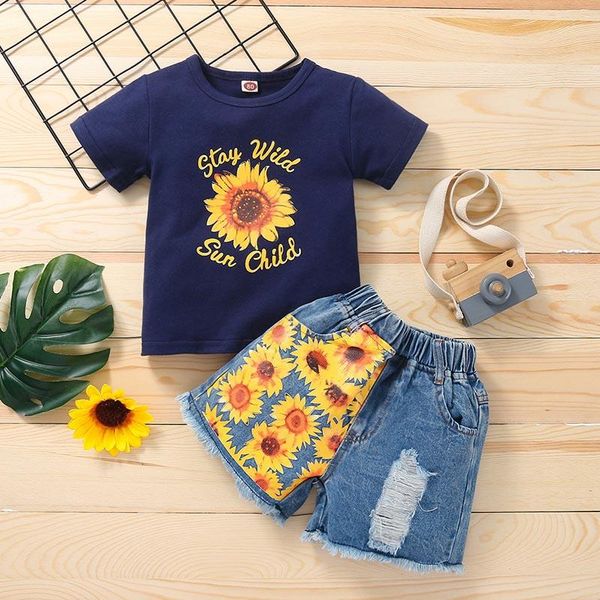 

clothing sets toddler girl summer clothes printed casual short sleeved + sunflower print denim shorts baby girls set kids outfits, White