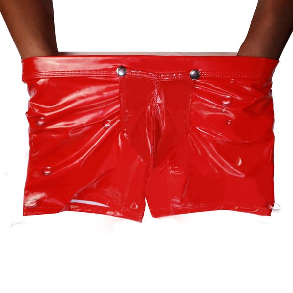 Vermelho Faux couro molhado olhar cuecas shiny sissy calcinha aberta gay casal gay roupas íntimas botão boxer shorts engraçado tronco tronco cueca