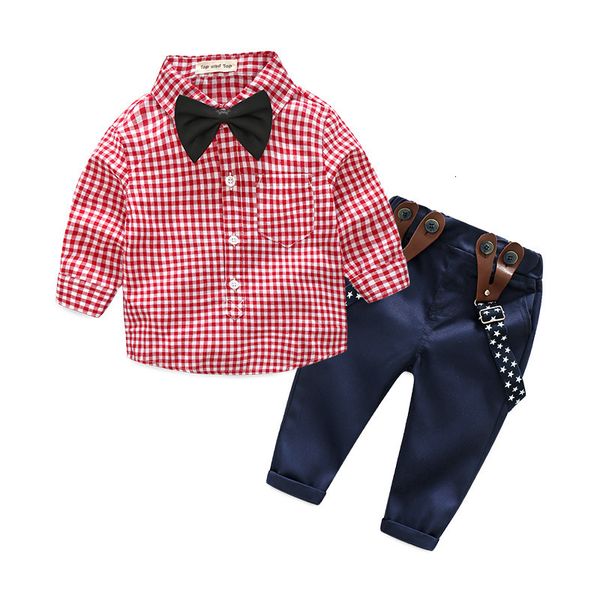 

batch children's plaid shirt bow strap pants suit, Blue