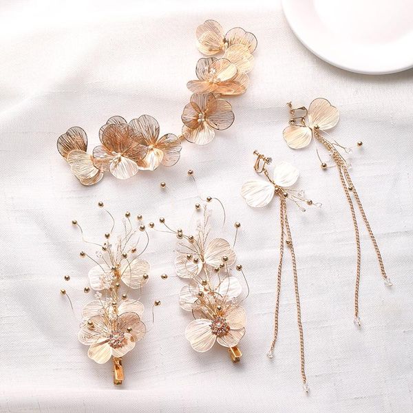 

4 pcs sets headbands flower gold hairgrips tassel earrings for women bridal hair accessories pearls handmade fashion jewelry, Golden;silver