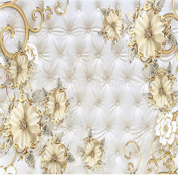

european style 3d jewelry flower soft bag mural luxury living room sofa tv background imitation leather pattern wallpaper murals