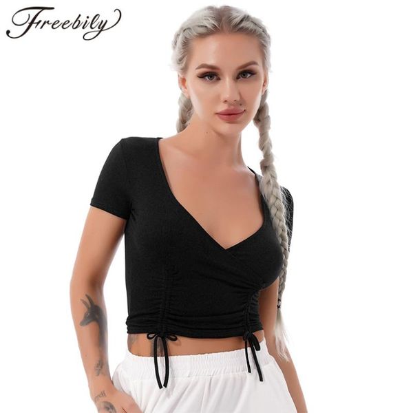 

yoga outfit women sport shirts summer pure color deep v neck short sleeve side drawstring cropped t-shirt for office work gym