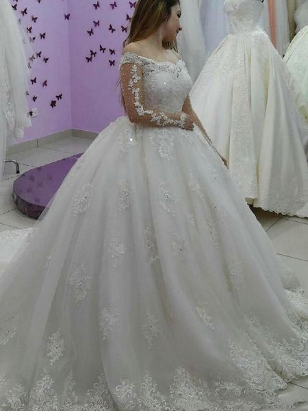 

vintage vestidos pearls lace ball gown wedding dresses illusion long sleeve appliques beads long court train 2021 princess wedding dress, White