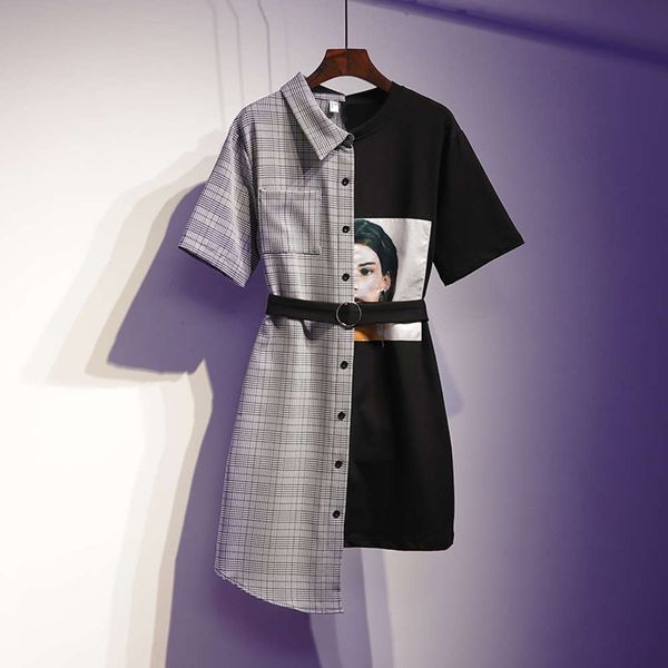 

2020 summer new fat sister cover belly, foreign style, age reduction, splicing, thin waist, net red shirt dress, Black;gray