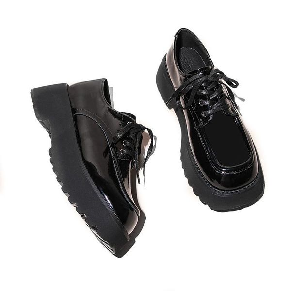 

dress shoes genuine leather platform loafers, women's all-match lace-up small shoes, bright increased retro, Black